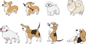 An illustration of eight cartoon dogs of different breeds on a black background