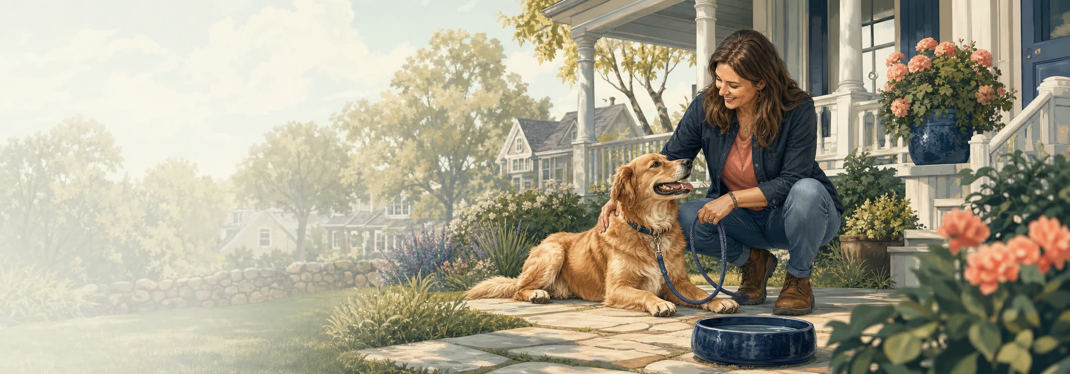 Alicia kneeling beside a friendly golden dog in a sunny front-yard garden